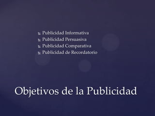    Publicidad Informativa
       Publicidad Persuasiva
       Publicidad Comparativa
       Publicidad de Recordatorio




Objetivos de la Publicidad
 