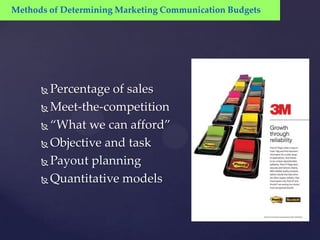 Methods of Determining Marketing Communication Budgets




       Percentage of sales
       Meet-the-competition

       “What we can afford”

       Objective and task

       Payout planning

       Quantitative models
 