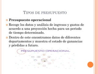 TIPOS DE PRESUPUESTO
 Presupuesto operacional
 Recoge los datos y análisis de ingresos y gastos de
acuerdo a una proyección hecha para un periodo
de tiempo determinado.
 Dentro de este encontramos datos de diferentes
departamentos y muestra el estado de ganancias
y pérdidas a futuro.
 