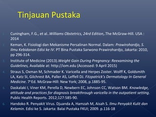 1. Cuningham, F.G., et al..Williams Obstetrics, 24rd Edition,.The McGraw-Hill. USA :
2014
2. Keman, K. Fisiologi dan Mekanisme Persalinan Normal. Dalam: Prawirohardjo, S.
Ilmu Kebidanan Edisi ke IV. PT Bina Pustaka Sarwono Prawirohardjo, Jakarta: 2010,
pp 296-314.
3. Institute of Medicine (2013).Weight Gain During Pregnancy: Reexamining the
Guidelines, Available at: http://iom.edu (Accessed: 9 April 2015)
4. Straus S, Oxman M, Schmader K. Varicella and Herpes Zoster. Wolff K, Goldsmith
LA, Katz SI, Gilchrest BA, Paller AS, Leffell DJ. Fitzpatrick’s Dermatology In General
Medicine. 7th
Ed. McGraw-Hill: New York; 2008, p.1885-95.
5. Daskalaki I, Viner KM, Perella D, Newbern EC, Johnson CC, Watson BM. Knowledge,
attitude and practices for diagnosis breakthrough varicella in the outpatient setting.
Public Health Reports. 2012;127:585-90.
6. Handoko R. Penyakit Virus. Djuanda A, Hamzah M, Aisah S. Ilmu Penyakit Kulit dan
Kelamin. Edisi ke 5. Jakarta: Balai Pustaka FKUI; 2009. p.116-18
Tinjauan Pustaka
 