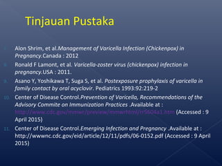 7. Alon Shrim, et al.Management of Varicella Infection (Chickenpox) in
Pregnancy.Canada : 2012
8. Ronald F Lamont, et al. Varicella-zoster virus (chickenpox) infection in
pregnancy.USA : 2011.
9. Asano Y, Yoshikawa T, Suga S, et al. Postexposure prophylaxis of varicella in
family contact by oral acyclovir. Pediatrics 1993:92:219-2
10. Center of Disease Control.Prevention of Varicella, Recommendations of the
Advisory Commite on Immunization Practices .Available at :
http://www.cdc.gov/mmwr/preview/mmwrhtml/rr5604a1.htm (Accessed : 9
April 2015)
11. Center of Disease Control.Emerging Infection and Pregnancy .Available at :
http://wwwnc.cdc.gov/eid/article/12/11/pdfs/06-0152.pdf (Accessed : 9 April
2015)
Tinjauan Pustaka
 