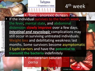3rd week
• Toxic , anorexic dengan
penurunan BB
• Conjunctiva hiperemis
• Tachypnea, nadi lemah
• Bradikardia relative
nyata
• Apathy, confusion
• Distensi abdomen
• Perdarahan saluran
cerna
4th week
• If the individual survives to the fourth week,
the fever, mental state, and abdominal
distension slowly improve over a few days.
Intestinal and neurologic complications may
still occur in surviving untreated individuals.
Weight loss and debilitating weakness last
months. Some survivors become asymptomatic
S typhi carriers and have the potential to
transmit the bacteria indefinitely
 