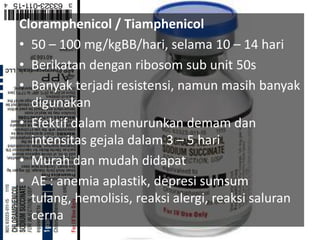 Cloramphenicol / Tiamphenicol
• 50 – 100 mg/kgBB/hari, selama 10 – 14 hari
• Berikatan dengan ribosom sub unit 50s
• Banyak terjadi resistensi, namun masih banyak
digunakan
• Efektif dalam menurunkan demam dan
intensitas gejala dalam 3 – 5 hari
• Murah dan mudah didapat
• AE : anemia aplastik, depresi sumsum
tulang, hemolisis, reaksi alergi, reaksi saluran
cerna
 