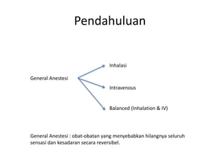 Pendahuluan
General Anestesi
Inhalasi
Intravenous
Balanced (Inhalation & IV)
General Anestesi : obat-obatan yang menyebabkan hilangnya seluruh
sensasi dan kesadaran secara reversibel.
 