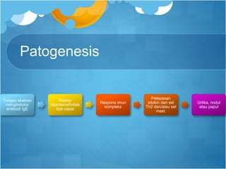 Patogenesis
Tungau skabies
menginduksi
antibodi IgE
Reaksi
hipersensitivitas
tipe cepat
Respons imun
kompleks
Pelepasan
sitokin dari sel
Th2 dan/atau sel
mast.
Urtika, nodul
atau papul
 