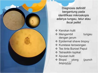Diagnosis definitif
bergantung pada
identifikasi mikroskopis
adanya tungau, telur atau
fecal pellet
 Kerokan kulit
 Mengambil tungau
dengan jarum
 Epidermal shave biopsy
 Kuretase terowongan
 Tes tinta Burowi Papul
 Tetrasiklin topikal
 Apusan kulit
 Biopsi plong (punch
biopsy)
 
