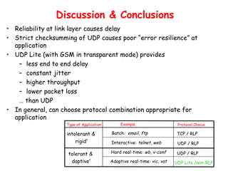 Discussion & Conclusions Reliability at link layer causes delay Strict checksumming of UDP causes poor “error resilience” at application UDP Lite (with GSM in transparent mode) provides less end to end delay constant jitter higher throughput lower packet loss …  than UDP In general, can choose protocol combination appropriate for application Batch:  email, ftp UDP Lite /non-RLP Adaptive real-time:  vic, vat UDP / RLP Hard real-time:  wb, v-conf tolerant & daptive * UDP / RLP Interactive:  telnet, web TCP / RLP Protocol Choice Type of Application Example intolerant & rigid * 