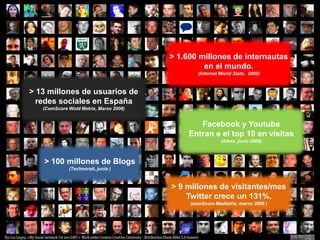 > 1.600 millones de internautas en el mundo. (Internet WorldStats, 2009)> 13 millones de usuarios de redes sociales en España(ComScoreWoldMetrix, Marzo 2008)Facebook y YoutubeEntran e el top 10 en visitas(Alexa, junio 2009)> 100 millones de Blogs(Technorati, junio )> 9 millones de visitantes/mesTwitter crece un 131%. (comScoreMediatrix, marzo 2009 )