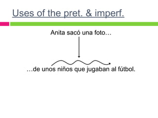 Uses of the pret. & imperf.
Anita sacó una foto…
…de unos niños que jugaban al fútbol.
 