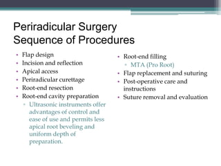 Periradicular Surgery
Sequence of Procedures
•   Flap design                       • Root-end filling
•   Incision and reflection              ▫ MTA (Pro Root)
•   Apical access                     • Flap replacement and suturing
•   Periradicular curettage           • Post-operative care and
•   Root-end resection                  instructions
•   Root-end cavity preparation       • Suture removal and evaluation
     ▫ Ultrasonic instruments offer
       advantages of control and
       ease of use and permits less
       apical root beveling and
       uniform depth of
       preparation.
 