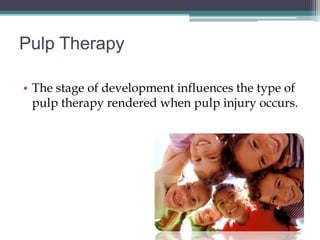 Pulp Therapy

• The stage of development influences the type of
  pulp therapy rendered when pulp injury occurs.
 