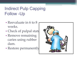Indirect Pulp Capping
Follow -Up
• Reevaluate in 6 to 8
  weeks.
• Check of pulpal status
• Remove remaining
  caries using rubber
  dam.
• Restore permanently.
 