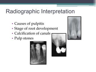 Radiographic Interpretation

  •   Causes of pulpitis
  •   Stage of root development
  •   Calcification of canals
  •   Pulp stones
 