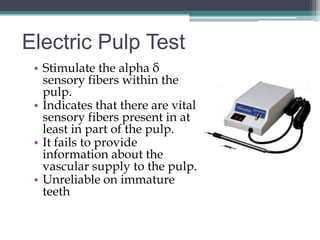 Electric Pulp Test
 • Stimulate the alpha δ
   sensory fibers within the
   pulp.
 • Indicates that there are vital
   sensory fibers present in at
   least in part of the pulp.
 • It fails to provide
   information about the
   vascular supply to the pulp.
 • Unreliable on immature
   teeth
 