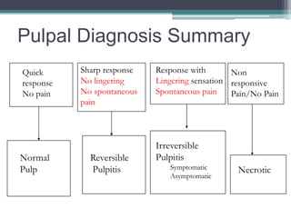 Pulpal Diagnosis Summary
Quick      Sharp response   Response with       Non
response   No lingering     Lingering sensation responsive
No pain    No spontaneous   Spontaneous pain    Pain/No Pain
           pain



                            Irreversible
Normal       Reversible     Pulpitis
Pulp         Pulpitis           Symptomatic      Necrotic
                                Asymptomatic
 