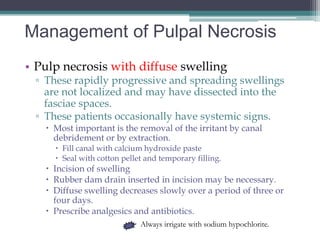Management of Pulpal Necrosis
• Pulp necrosis with diffuse swelling
 ▫ These rapidly progressive and spreading swellings
   are not localized and may have dissected into the
   fasciae spaces.
 ▫ These patients occasionally have systemic signs.
    Most important is the removal of the irritant by canal
     debridement or by extraction.
      Fill canal with calcium hydroxide paste
      Seal with cotton pellet and temporary filling.
    Incision of swelling
    Rubber dam drain inserted in incision may be necessary.
    Diffuse swelling decreases slowly over a period of three or
     four days.
    Prescribe analgesics and antibiotics.
                             Always irrigate with sodium hypochlorite.
 