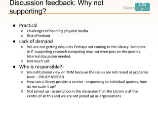 OS
C
Slide title here
Discussion feedback: Why not
supporting?
● Practical
○ Challenges of handling physical media
○ Risk ...