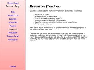 Resources (Teacher) [ Student Page ] Title Introduction Learners Standards Process Resources Credits Teacher Page Describe what's needed to implement this lesson. Some of the possibilities: Class sets of books E-mail accounts for all students Specific software (how many copies?) Specific hardware (what kind? How many?) Specific reference material in the classroom or school library Video or audio materials If the lesson makes extensive use of specific websites, it would be appropriate to list, describe and link them here.  Describe also the  human  resources needed. how many teachers are needed to implement the lesson. Is one enough? Is there a role for aides or parents in the room? Do you need to coordinate with a teacher at another school? With a partner in industry or a museum or other entity? Is a field trip designed in as part of the lesson? Evaluation Teacher Script Conclusion 