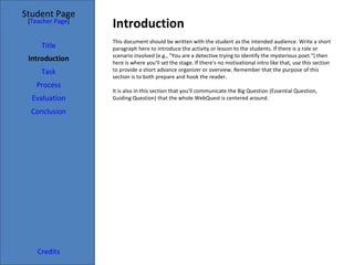 Introduction Student Page Title Introduction Task Process Evaluation Conclusion Credits [ Teacher Page ] This document should be written with the student as the intended audience. Write a short paragraph here to introduce the activity or lesson to the students. If there is a role or scenario involved (e.g., "You are a detective trying to identify the mysterious poet.") then here is where you'll set the stage. If there's no motivational intro like that, use this section to provide a short advance organizer or overview. Remember that the purpose of this section is to both prepare and hook the reader. It is also in this section that you'll communicate the Big Question (Essential Question, Guiding Question) that the whole WebQuest is centered around. 