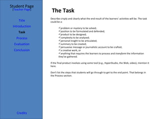 The Task Student Page Introduction Task Process Evaluation Conclusion Credits [ Teacher Page ] Describe crisply and clearly what the end result of the learners' activities will be. The task could be a: problem or mystery to be solved; position to be formulated and defended; product to be designed; complexity to be analyzed; personal insight to be articulated; summary to be created; persuasive message or journalistic account to be crafted; a creative work, or anything that requires the learners to process and  transform  the information they've gathered. If the final product involves using some tool (e.g., HyperStudio, the Web, video), mention it here. Don't list the steps that students will go through to get to the end point. That belongs in the Process section. Title 