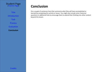 Conclusion  Student Page Title Introduction Task Process Evaluation Conclusion Credits [ Teacher Page ] Put a couple of sentences here that summarize what they will have accomplished or learned by completing this activity or lesson. You might also include some rhetorical questions or additional links to encourage them to extend their thinking into other content beyond this lesson. 