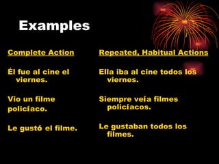 Examples Complete Action Él fue al cine el viernes. Vio un filme  polic í aco. Le gust ó  el filme. Repeated, Habitual Actions Ella iba al cine todos los viernes. Siempre ve í a filmes polic í acos. Le gustaban todos los filmes. 