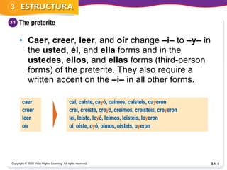Caer ,  creer ,  leer , and  oír  change  –i–  to  –y–  in the  usted ,  él , and  ella  forms and in the  ustedes ,  ellos , and  ellas  forms (third-person forms) of the preterite. They also require a written accent on the  –i–  in all other forms. Copyright © 2008 Vista Higher Learning. All rights reserved. 3.1– 