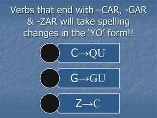 Verbs that end with –CAR, -GAR
& -ZAR will take spelling
changes in the ‘YO’ form!!

C→QU
G→GU
Z→C

 