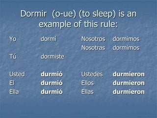 Dormir (o-ue) (to sleep) is an
example of this rule:
Yo

dormí

Tú

dormiste

Usted
El
Ella

durmió
durmió
durmió

Nosotros
Nosotras

dormimos
dormimos

Ustedes
Ellos
Ellas

durmieron
durmieron
durmieron

 