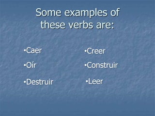Some examples of
these verbs are:
•Caer

•Creer

•Oír

•Construir

•Destruir

•Leer

 