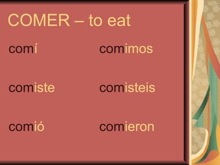 COMER – to eat
comí      comimos

comiste   comisteis

comió     comieron
 
