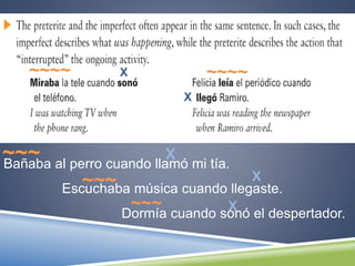 ~~~~ X ~~~~
X
Bañaba al perro cuando llamó mi tía.
Escuchaba música cuando llegaste.
Dormía cuando sonó el despertador.
~~~
~~~
~~~ X
X
X
 