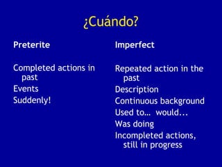 ¿Cuándo?
Preterite
Completed actions in
past
Events
Suddenly!
Imperfect
Repeated action in the
past
Description
Continuous background
Used to… would...
Was doing
Incompleted actions,
still in progress
 