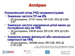 АспіринАспірин
Кохранівський огляд РКД продемонстрував:Кохранівський огляд РКД продемонстрував:
• Зниження частоти ППЗниження частоти ПП на 8%на 8%
– 29 досліджень, 31151 жінка; RR 0,92, 95% ДI 0,88–29 досліджень, 31151 жінка; RR 0,92, 95% ДI 0,88–
0,970,97
• Зниження частоти народження дітей малих доЗниження частоти народження дітей малих до
гестаційного вікугестаційного віку на 10%на 10%
– 36 досліджень, 23638 жінок; RR 0,90, 95% ДІ 0,83–36 досліджень, 23638 жінок; RR 0,90, 95% ДІ 0,83–
0,980,98
• Зниження ризику фетальної або неонатальноїЗниження ризику фетальної або неонатальної
смертностісмертності на 14%на 14%
– 40 досліджень, 330098 жінок; RR 0,86, 95% ДІ40 досліджень, 330098 жінок; RR 0,86, 95% ДІ
0,76–0,980,76–0,98 Duley L, Henderson-Smart DJ, Meher S, King JF. Antiplatelet agents for preventing
pre-eclampsia and its complications. Cochrane Database Syst Rev 2007; 2: CD004659.
 