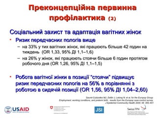 Преконцепційна первиннаПреконцепційна первинна
профілактикапрофілактика (2)(2)
Соціальний захист та адаптація вагітних жінокСоціальний захист та адаптація вагітних жінок
• Ризик передчасних пологів вищеРизик передчасних пологів вище
– на 33% у тих вагітних жінок, які працюють більше 42 годин нана 33% у тих вагітних жінок, які працюють більше 42 годин на
тиждень (тиждень (OROR 1,33, 95% Д1,33, 95% ДII 1,1–1,6)1,1–1,6)
– на 26% у жінок, які працюють стоячи більше 6 годин протягомна 26% у жінок, які працюють стоячи більше 6 годин протягом
робочого дня (робочого дня (OROR 1,26, 95% Д1,26, 95% ДII 1,1–1,5)1,1–1,5)
• Робота вагітної жінки в позиції “стоячи” підвищуєРобота вагітної жінки в позиції “стоячи” підвищує
ризик передчасних пологів на 56% в порівнянні зризик передчасних пологів на 56% в порівнянні з
роботою в сидячій позиції (роботою в сидячій позиції (OROR 1,56, 95% Д1,56, 95% ДII 1,04–2,60)1,04–2,60)
Saurel-Cubizolles MJ, Zeitlin J, Lelong N, et al, for the Europop Group.
Employment, working conditions, аnd preterm birth: results from the Europop case-control survey.
J Epidemiol Community Health 2004; 58: 395–401
 