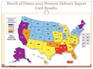 Does prenatal care improve pregnancy outcome.
 YES:
 Lower risk of preterm delivery among patients with ANY kind
of prenatal care than NO prenatal care.
 BUT:
 This is NOT related to the kind of prenatal care provided.
 Behrman RE, Stith Butler A. Committee on understanding premature birth and assuring
healthy outcomes: causes, consequences, and prevention. Washington, DC: National
Academies Press, 2007
 