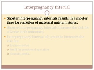 Previous preterm birth
 Strongest risk factor for future preterm delivery
 Data from McManemy et al:
 One preterm birth: 14-22 % risk.
 Two preterm births: 28 -42%
 Three or more: Up to 75%
 A term birth decreases the risk of preterm birth in
subsequent pregnancies
(McManemy et al, 2007)
 