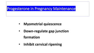 Progesterone in Pregnancy Maintenance
• Myometrial quiescence
• Down-regulate gap junction
formation
• Inhibit cervical ripening
 
