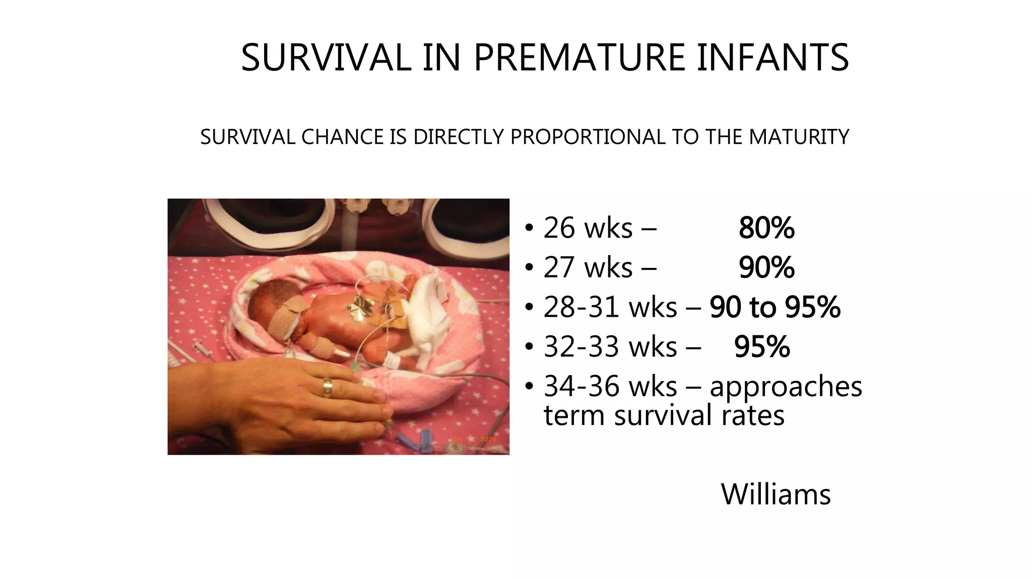 SURVIVAL IN PREMATURE INFANTS
SURVIVAL CHANCE IS DIRECTLY PROPORTIONAL TO THE MATURITY
• 26 wks – 80%
• 27 wks – 90%
• 28-31 wks – 90 to 95%
• 32-33 wks – 95%
• 34-36 wks – approaches
term survival rates
Williams
 