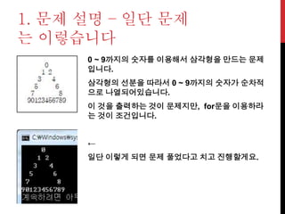 1. 문제 설명 – 일단 문제
는 이렇습니다
0 ~ 9까지의 숫자를 이용해서 삼각형을 만드는 문제
입니다.
삼각형의 선분을 따라서 0 ~ 9까지의 숫자가 순차적
으로 나열되어있습니다.
이 것을 출력하는 것이 문제지만, for문을 이용하라
는 것이 조건입니다.
←
일단 이렇게 되면 문제 풀었다고 치고 진행할게요.
 