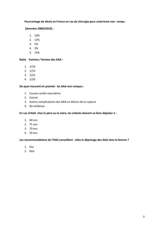 3
Pourcentage de décès en France en cas de chirurgie pour anévrisme non rompu
(données 2009/2010) :
1. 10%
2. 12%
3. 5%
4. 3%
5. 15%
Ratio homme / femme des AAA :
1. 1/10
2. 1/13
3. 1/15
4. 1/20
De quoi meurent en premier les AAA non rompus :
1. Causes cardio-vasculaires
2. Cancer
3. Autres complications des AAA en dehors de la rupture
4. De vieillesse
En cas d’AAA chez le père ou la mère, les enfants doivent se faire dépister à :
1. 60 ans
2. 75 ans
3. 70 ans
4. 50 ans
Les recommandations de l’HAS conseillent - elles le dépistage des AAA chez la femme ?
1. Oui
2. Non
 