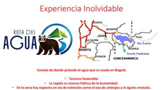 Experiencia	Inolvidable
Conoce	de	donde	procede	el	agua	que	es	usada	en	Bogotá
• Turismo	Sostenible
• La	región	es	reserva	hídrica	de	la	humanidad.
• En	la	zona	hay	especies	en	vía	de	extinción	como	el	oso	de	anteojos	y	el	águila	crestada.
 