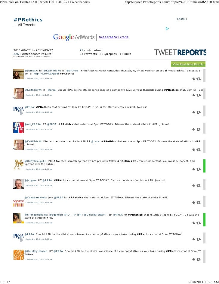 #PRethics on Twitter | All Tweets | 2011-09-27 | TweetReports                                     http://search.tweetrepor...