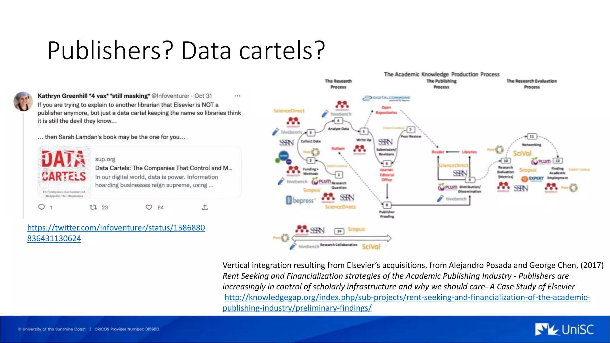 Publishers? Data cartels?
https://twitter.com/Infoventurer/status/1586880
836431130624
Vertical integration resulting from Elsevier’s acquisitions, from Alejandro Posada and George Chen, (2017)
Rent Seeking and Financialization strategies of the Academic Publishing Industry - Publishers are
increasingly in control of scholarly infrastructure and why we should care- A Case Study of Elsevier
http://knowledgegap.org/index.php/sub-projects/rent-seeking-and-financialization-of-the-academic-
publishing-industry/preliminary-findings/
 