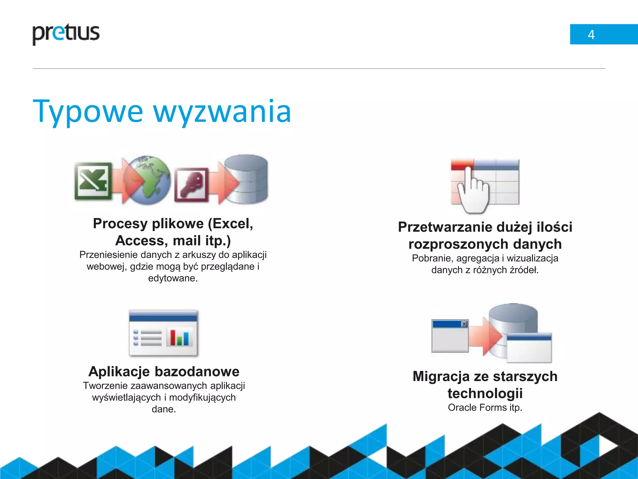 Typowe wyzwania
4
Aplikacje bazodanowe
Tworzenie zaawansowanych aplikacji
wyświetlających i modyfikujących
dane.
Procesy plikowe (Excel,
Access, mail itp.)
Przeniesienie danych z arkuszy do aplikacji
webowej, gdzie mogą być przeglądane i
edytowane.
Migracja ze starszych
technologii
Oracle Forms itp.
Przetwarzanie dużej ilości
rozproszonych danych
Pobranie, agregacja i wizualizacja
danych z różnych źródeł.
 