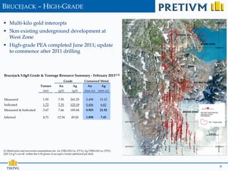 BRUCEJACK – HIGH-GRADE

 Multi-kilo gold intercepts
 5km existing underground development at
  West Zone
 High-grade PEA completed June 2011; update
  to commence after 2011 drilling



Brucejack 5.0g/t Grade & Tonnage Resource Summary - February 2011(1,2)
                                                    Grade            Contained Metal
                               Tonnes          Au           Ag          Au          Ag
                                 (mt)          (g/t)      (g/t)      (mm oz) (mm oz)

Measured                         1.95          7.95      241.25       0.498       15.10
Indicated                        1.72          7.33      123.19       0.406        6.82
Measured & Indicated             3.67          7.66      185.84       0.903       21.92

Inferred                         4.71         12.54       49.24       1.898        7.45




(1) Metal price and recoveries assumptions are: Au US$1,025/oz. (71%); Ag US$16.60/oz. (70%)
(2)@ 5.0 g/t cut-off within the 0.30 grams of au-equiv/tonne optimized pit shell.




  TSX:PVG                                                                                      9
 