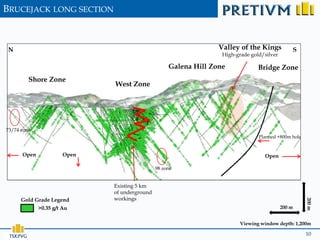 BRUCEJACK LONG SECTION



 N                                                                Valley of the Kings           S
                                                                   High-grade gold/silver

                                                    Galena Hill Zone             Bridge Zone
           Shore Zone
                              West Zone




73/74 zone
                                                                                 Planned +800m hole


      Open             Open                                                        Open

                                               98 zone


                              Existing 5 km
                              of underground
      Gold Grade Legend       workings




                                                                                                      200 m
             >0.35 g/t Au                                                                   200 m


                                                                          Viewing window depth: 1,200m

 TSX:PVG                                                                                              10
 