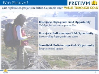 WHY PRETIVM?
Our exploration projects in British Columbia offer




                              Brucejack: High-grade Gold Opportunity
                              Catalyst for near-term production

                              Brucejack: Bulk-tonnage Gold Opportunity
                              Surrounding high-grade core zones


                              Snowfield: Bulk-tonnage Gold Opportunity
                              Long-term call option




TSX:PVG                                                                  2
 