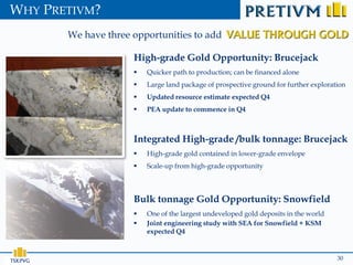 WHY PRETIVM?
          We have three opportunities to add

                        High-grade Gold Opportunity: Brucejack
                           Quicker path to production; can be financed alone
                           Large land package of prospective ground for further exploration
                           Updated resource estimate expected Q4
                           PEA update to commence in Q4



                        Integrated High-grade /bulk tonnage: Brucejack
                           High-grade gold contained in lower-grade envelope
                           Scale-up from high-grade opportunity



                        Bulk tonnage Gold Opportunity: Snowfield
                           One of the largest undeveloped gold deposits in the world
                           Joint engineering study with SEA for Snowfield + KSM
                            expected Q4



TSX:PVG                                                                                  30
 