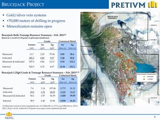 BRUCEJACK PROJECT

  Gold/silver vein systems
  +70,000 meters of drilling in progress
  Mineralization remains open

Brucejack Bulk-Tonnage Resource Summary – Feb. 2011(1)
(Based on a cut-off of 0.30 grams of gold-equivalent/tonne)
                                                     Grade             Contained Metal
                                Tonnes          Au             Ag       Au         Ag
                                  (mt)         (g/t)          (g/t)    (mm oz) (mm oz)

Measured                          11.7          2.25          75.56     0.85      28.4
Indicated                         285.3         0.80          9.57      7.34      87.8
Measured & Indicated              297.0         0.86          12.17     8.18      116.2

Inferred                         542.5          0.72          8.67      12.56     151.2

Brucejack 1.25g/t Grade & Tonnage Resource Summary – Feb. 2011(1,2)
                                                       Grade           Contained Metal
                                 Tonnes          Au            Ag        Au         Ag
                                   (mt)         (g/t)          (g/t)   (mm oz) (mm oz)

 Measured                           7.6         3.14          107.46    0.770     26.32
 Indicated                         43.0         1.76          24.07     2.430     33.27
 Measured & Indicated              50.6         1.97          36.59     3.200     59.59

 Inferred                          58.9         2.40          21.86     4.550     41.43

(1) Metal price and recoveries assumptions are: Au US$1,025/oz. (71%); Ag US$16.60/oz. (70%)
(2)@ 1.25 g/t cut-off within the 0.30 grams of au-equiv/tonne optimized pit shell.




   TSX:PVG                                                                                     8
 